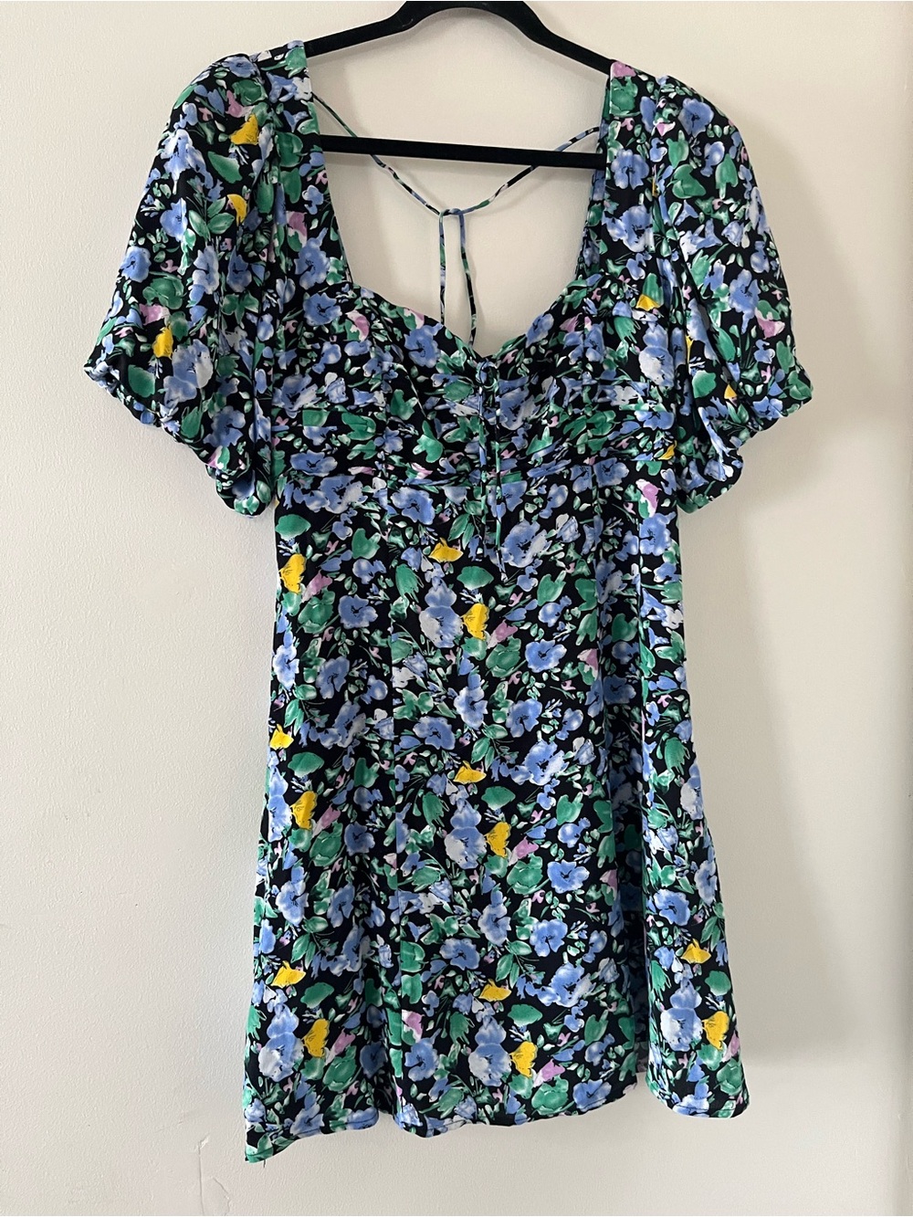 Blue Green Floral Puff Mini Dress Medium Romantic Cottagecore Summer Going Out